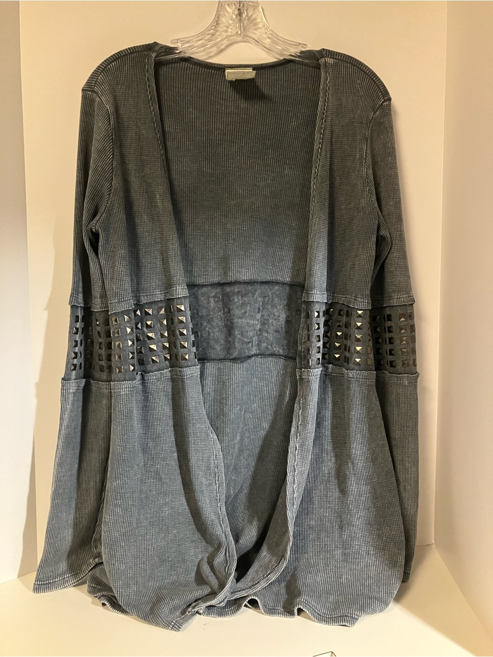 Vocal Gray Studded Open-Front Ribbed Cardigan